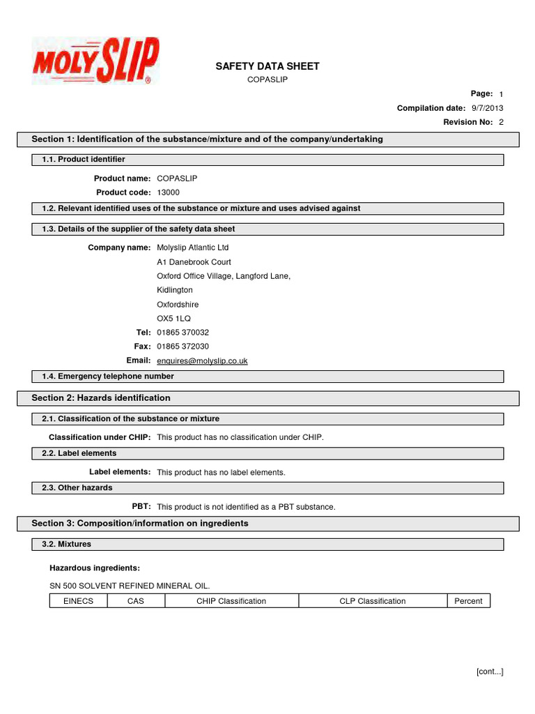 Copaslip Safety Data Sheet | PDF | Toxicity | Materials