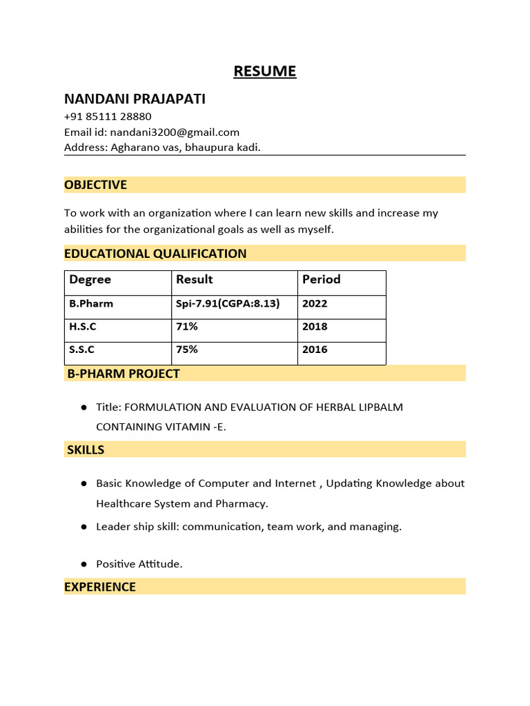 Nandani Prajapati's Pharmacy Resume | PDF | Career & Growth