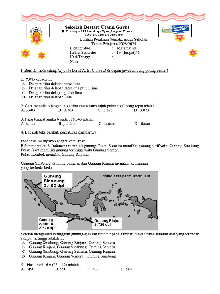 Latihan Penilaian Sumatif Akhir Sekolah Kelas 4 Semester 1 Ta 2023 2024