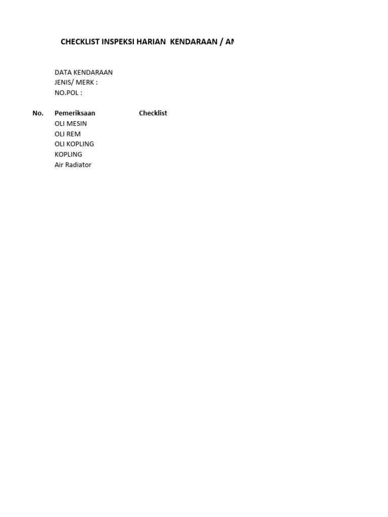 Form Checklist Inspeksi Mobil Roda 4 | PDF