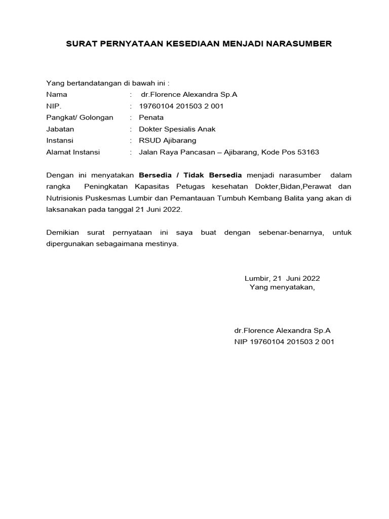 Surat Pernyataan Kesediaan Menjadi Narasumber Dsa | PDF