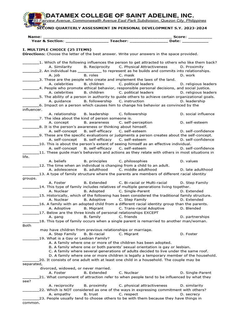 Perdev 1st Quarter Exam