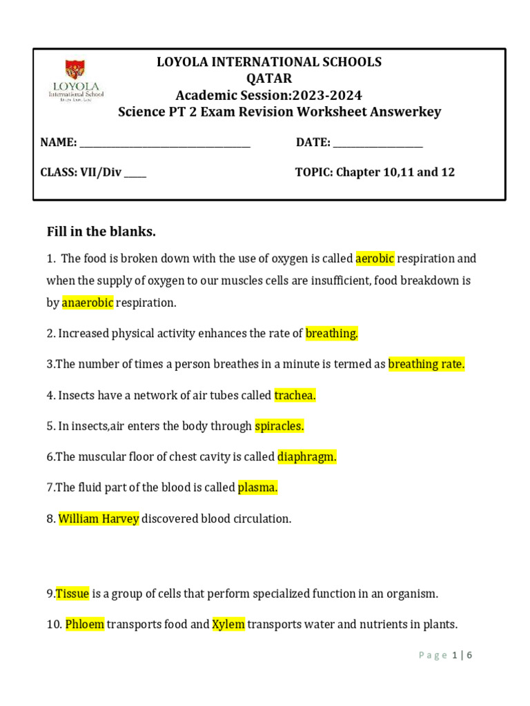Loyola International Schools Qatar Academic Session:2023-2024 Science ...