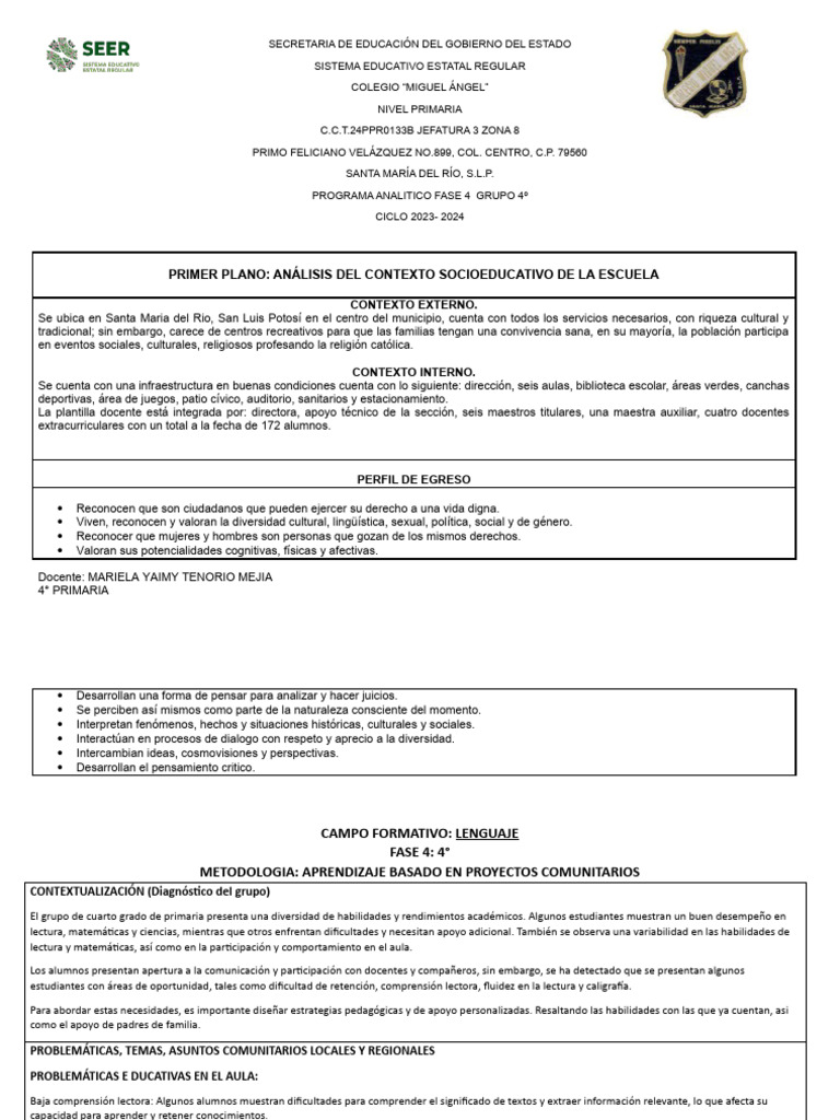 Programa Analítico 4° Grado Fase 4 | PDF | Comprensión lectora ...