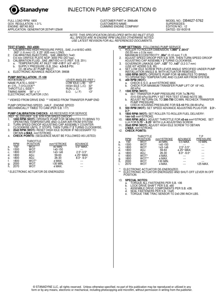 Stanadyne DB4627 Injection Pump Specs | PDF | Pump | Throttle