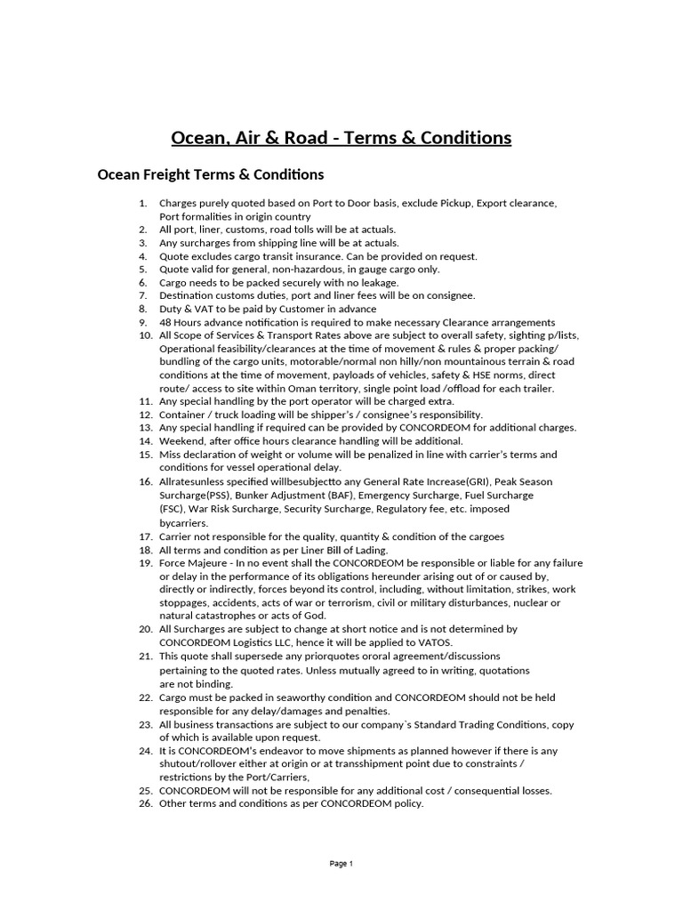 Ocean, Air & Road Terms & Conditions PDF Cargo Transport