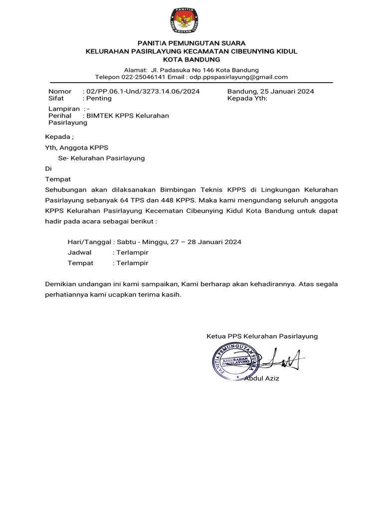 UNDANGAN Rapat Sosialisasi KPPS BIMTEK NEW | PDF