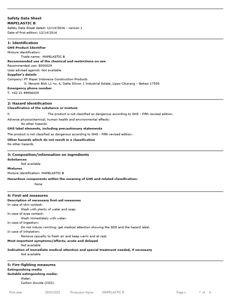 MAPELASTIC B Safety Data Sheet | PDF | Dangerous Goods | Chemistry