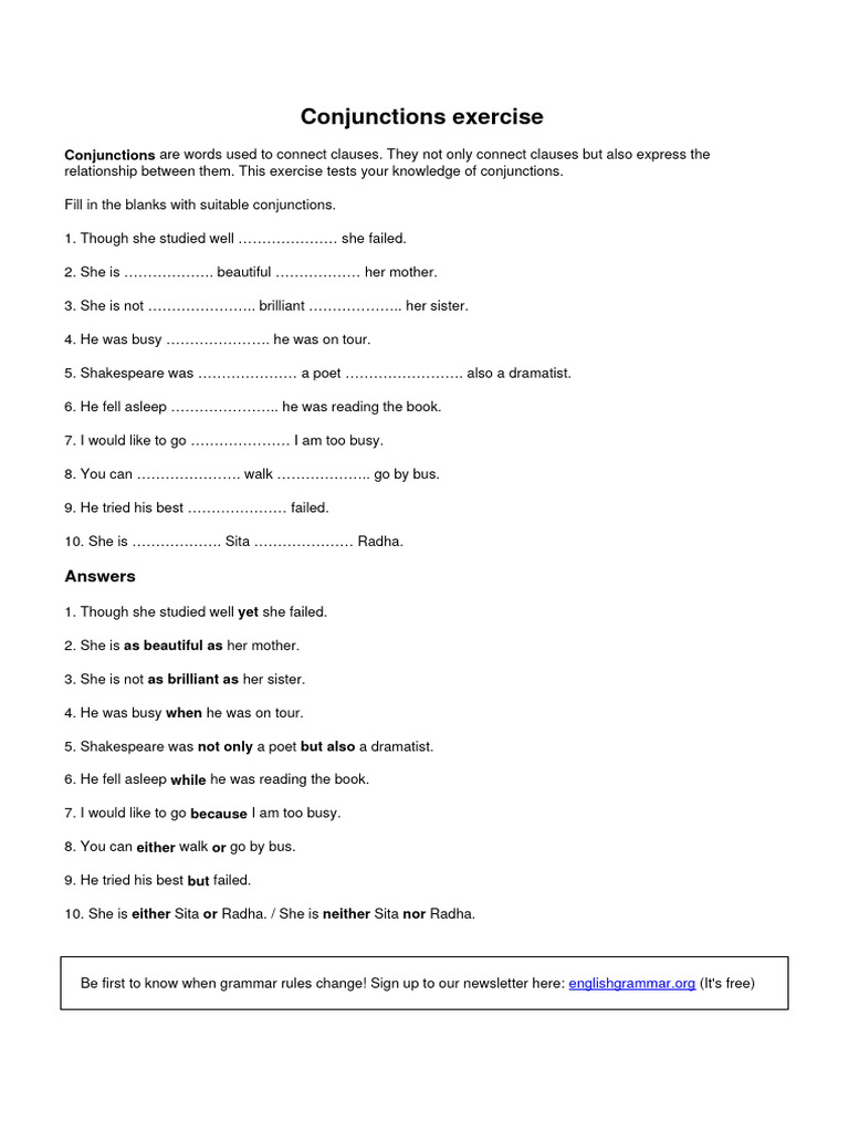Conjunctions Exercise | PDF