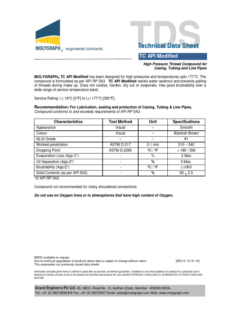 Data Sheet TC API MODIFIED Thread Compound PDF