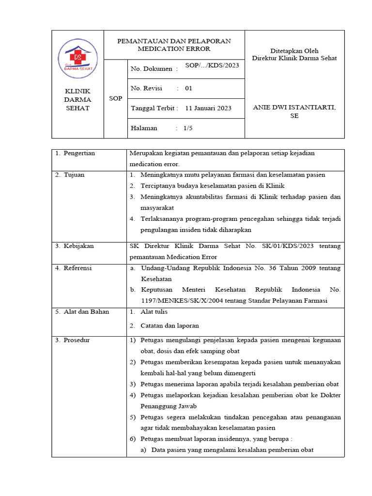 Sop pemantauan dan pelaporan medication error pdf