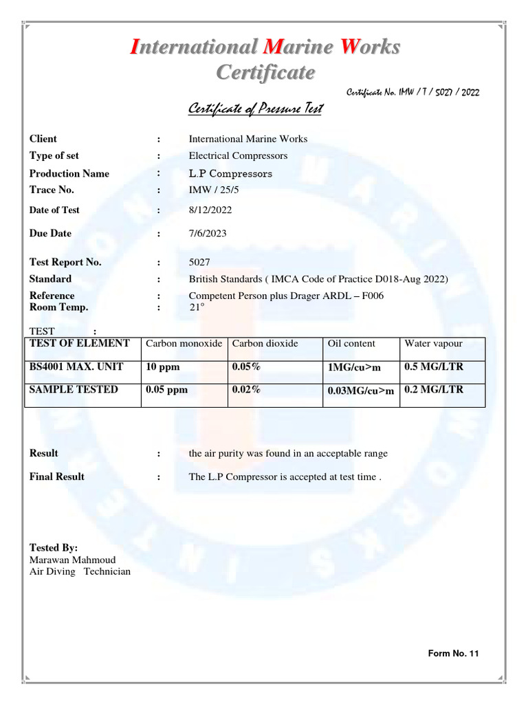 L.P Compressor Pressure Test Certificate | PDF | Technology & Engineering