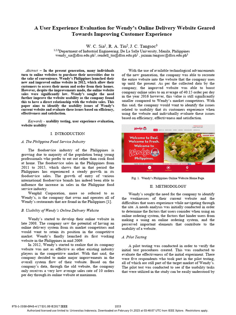 A User Experience Evaluation For Wendys Online Delivery Website Geared ...
