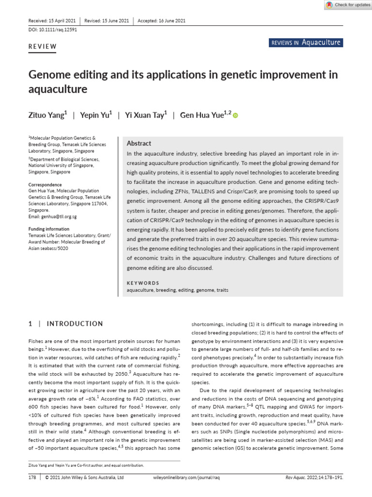 Reviews in Aquaculture - 2021 - Yang - Genome Editing and Its ...