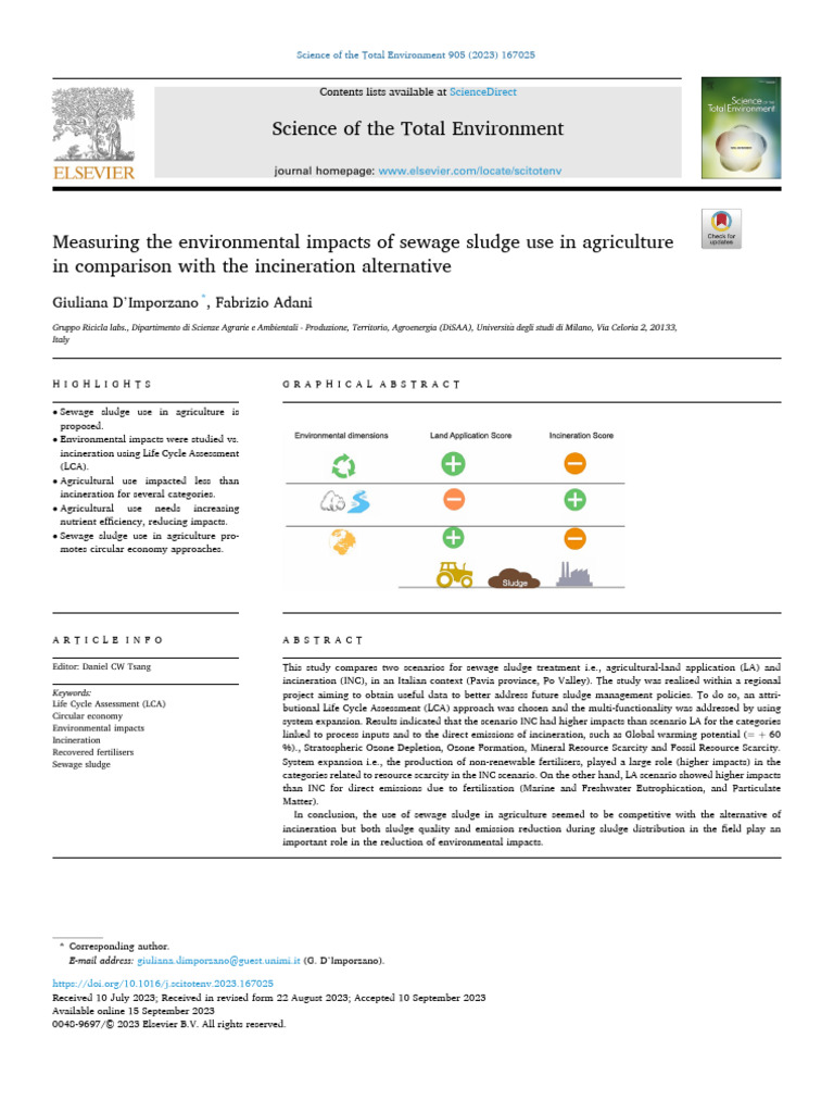 Measuring The Environmental Impacts of Sewage Sludge Use 2023