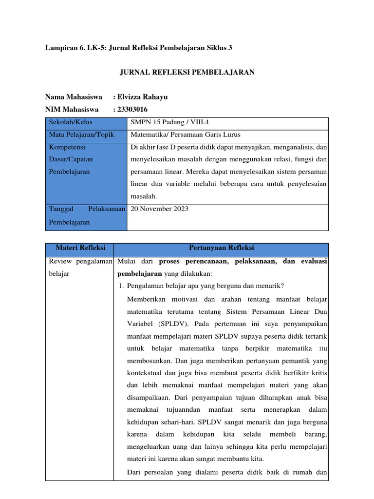 Jurnal Refleksi Pembelajaran Matematika | PDF | Karier & Perkembangan