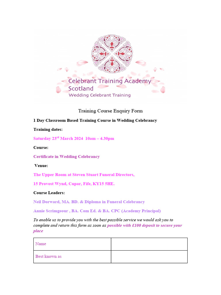 March 23rd 2024 Wedding Training Enquiry Form | PDF
