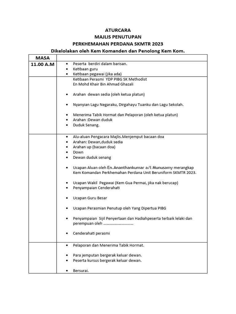 Aturcara Majlis Penutup Perkhemahan Perdana 2023 | PDF