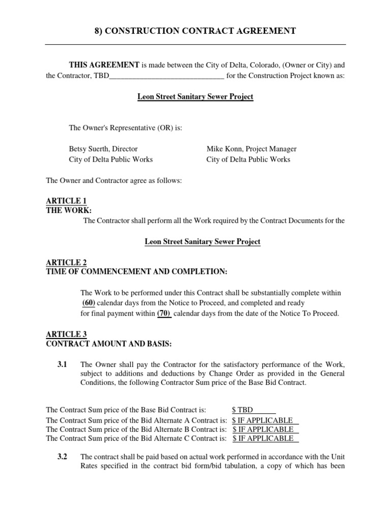 Construction Contract for Sewer Project | PDF | E Verify | Indemnity