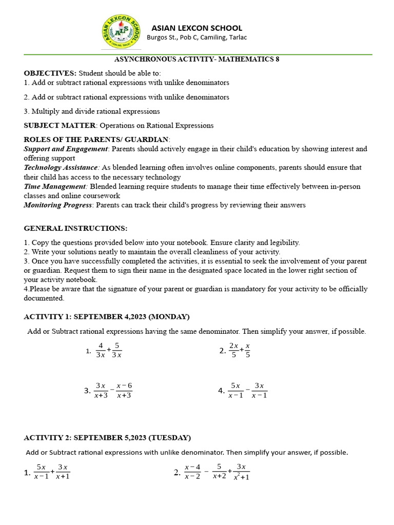 Asynchronous Math Activities for Grade 8 | PDF | Learning