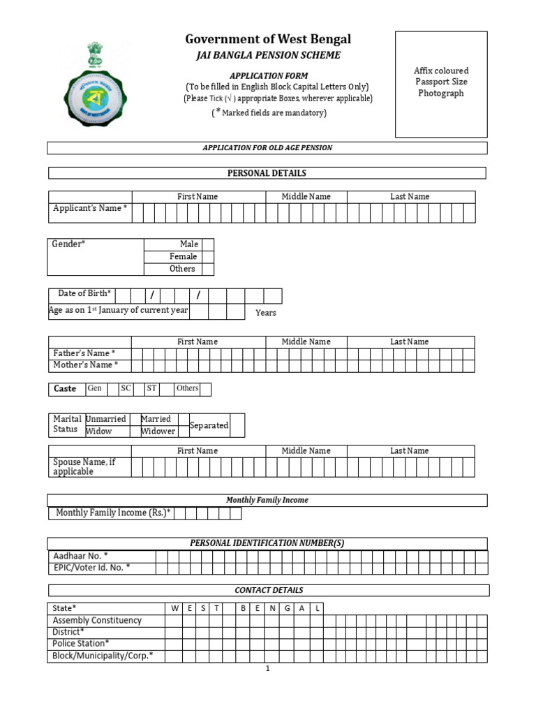 West Bengal Old Age Pension Application | PDF