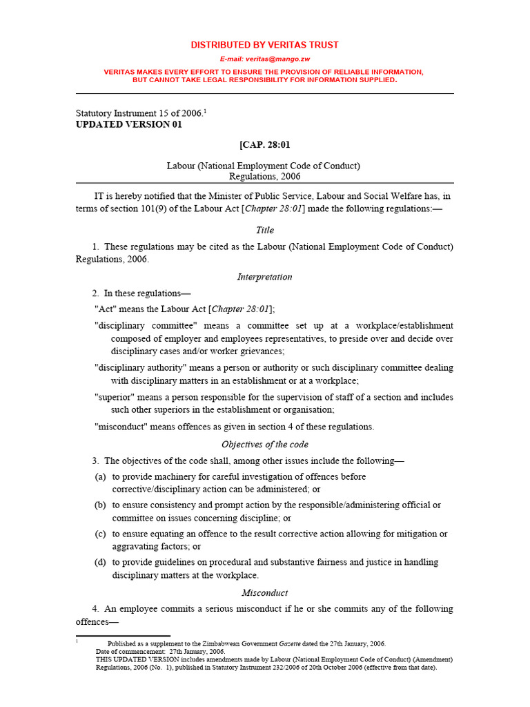 SI 2006-15 - Labour National Employment Code of Conduct Regs 2006