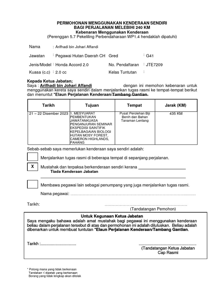 BORANG KEBENARAN MENGGUNAKAN KENDERAAN 21-22 Disember 2023 | PDF
