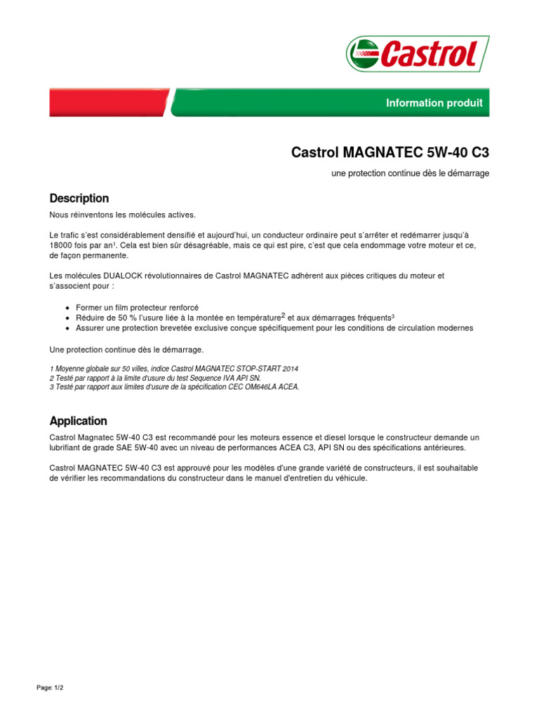 Castrol MAGNATEC 5W-40 C3 : Protection moteur | PDF | Sciences physiques