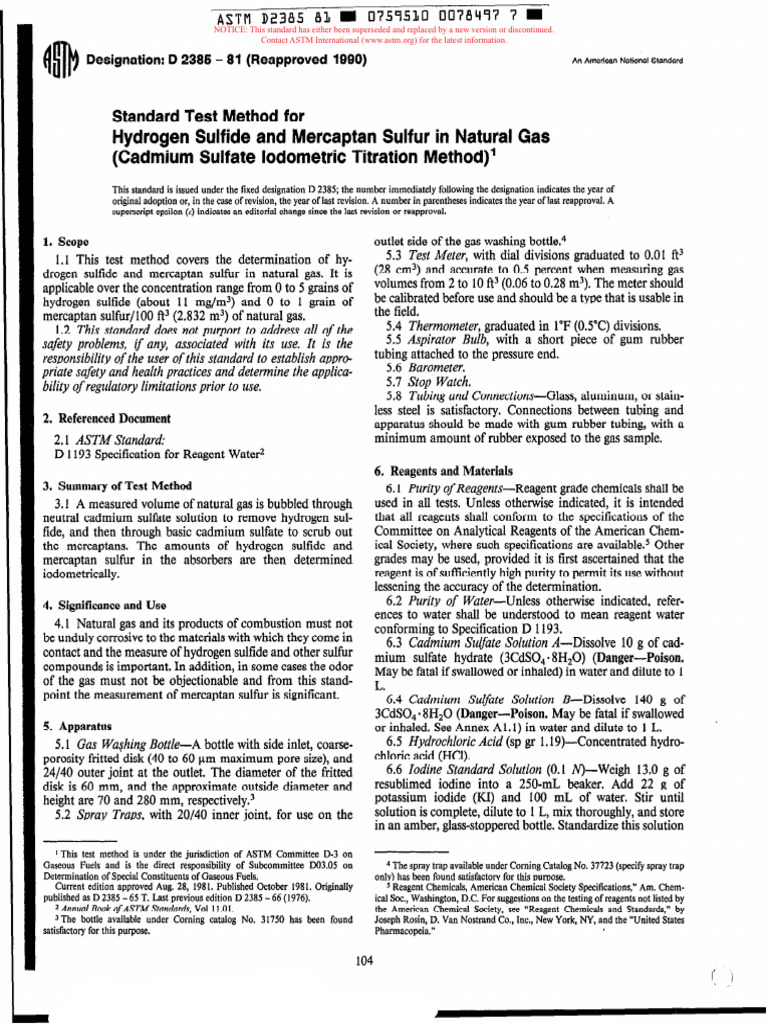 Standard test method for hydrogen sulfide and mercaptan sulfur in