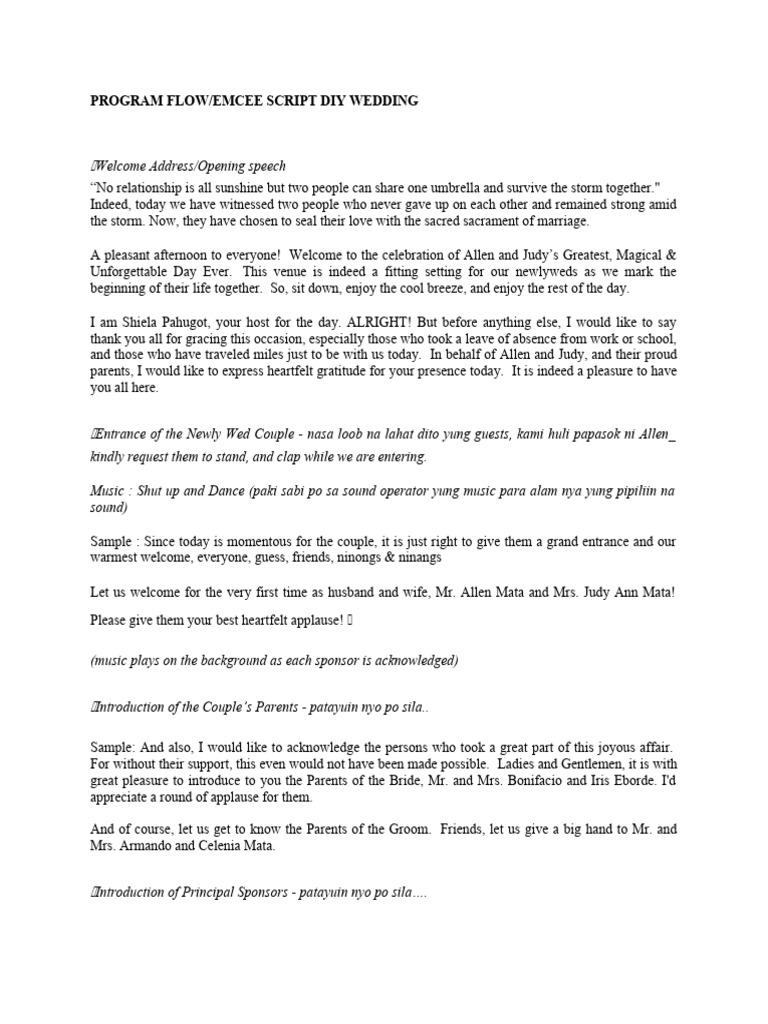Wedding Program Flow and Emcee Script | PDF | Wedding | Marriage ...