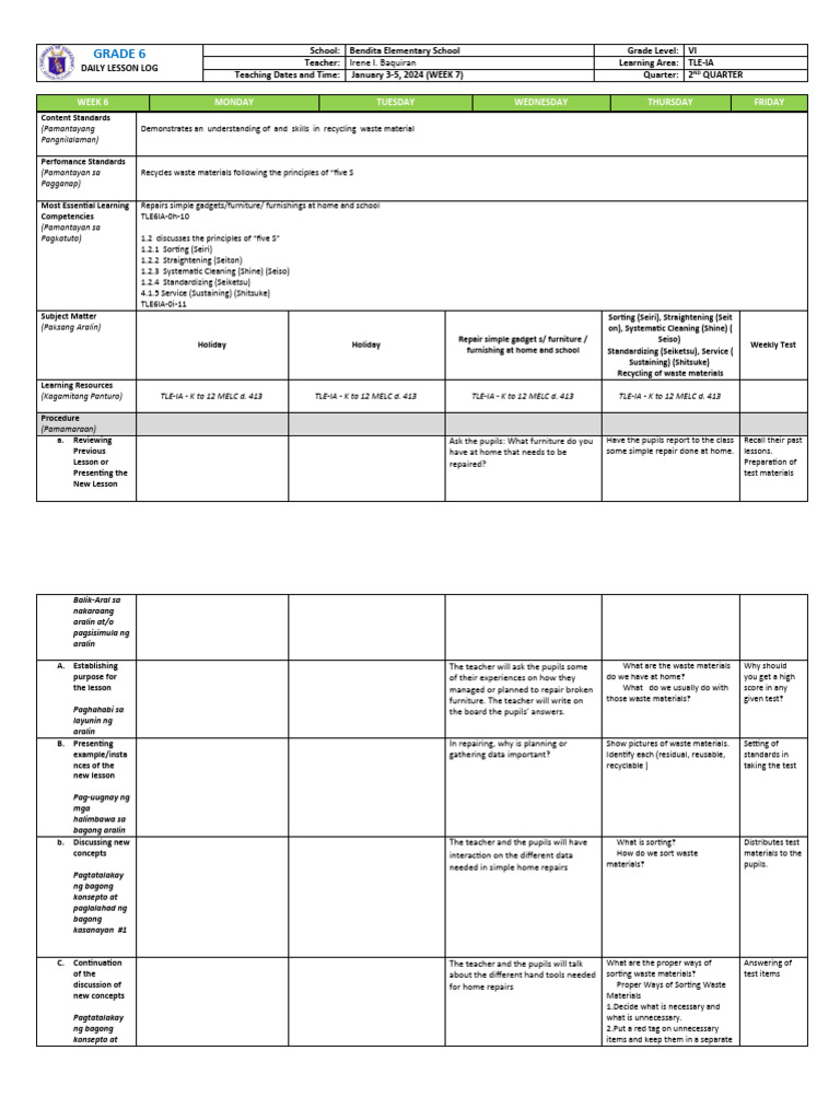 Grade 6 TLE Daily Lesson Plan | PDF | Recycling | Waste