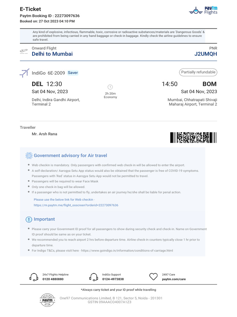 IndiGo Flight E-Ticket: DEL to BOM | PDF | Aviation | Transport
