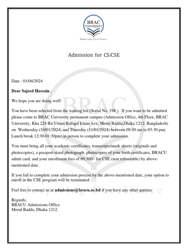 BRAC University CSE Admission Notice | PDF