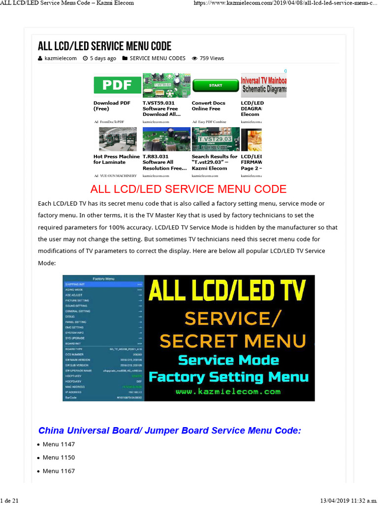 ALL LCD LED Service Menu Code Kazmi Elecom PDF Display