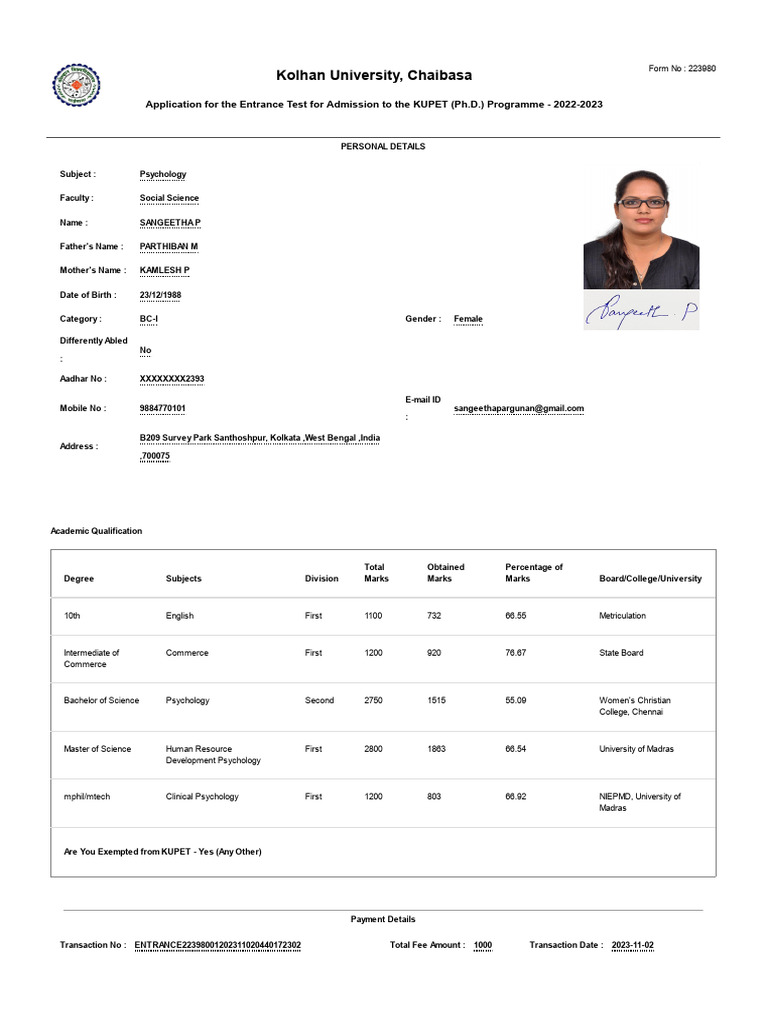 KUPET Ph.D. Psychology Application 2023 | PDF