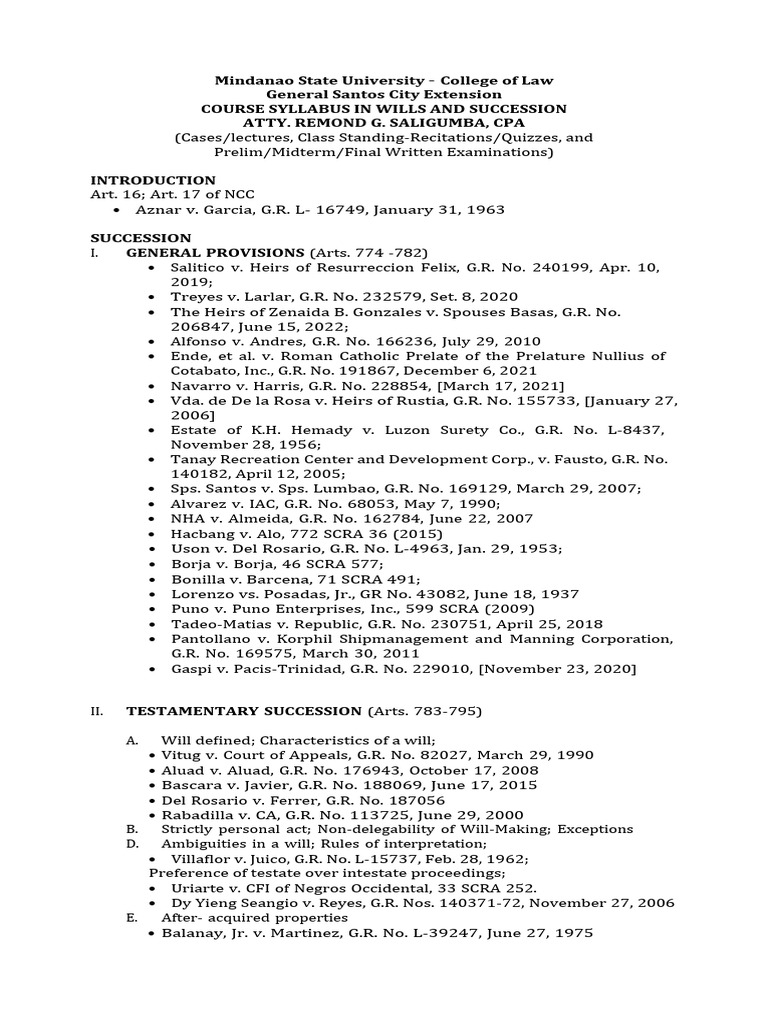 Wills and Succession Course Syllabus MSU Law Atty. Saligumba 2023 | PDF ...
