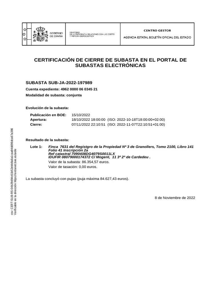 Certificación Cierre Subasta Sub-JA 2022 | PDF