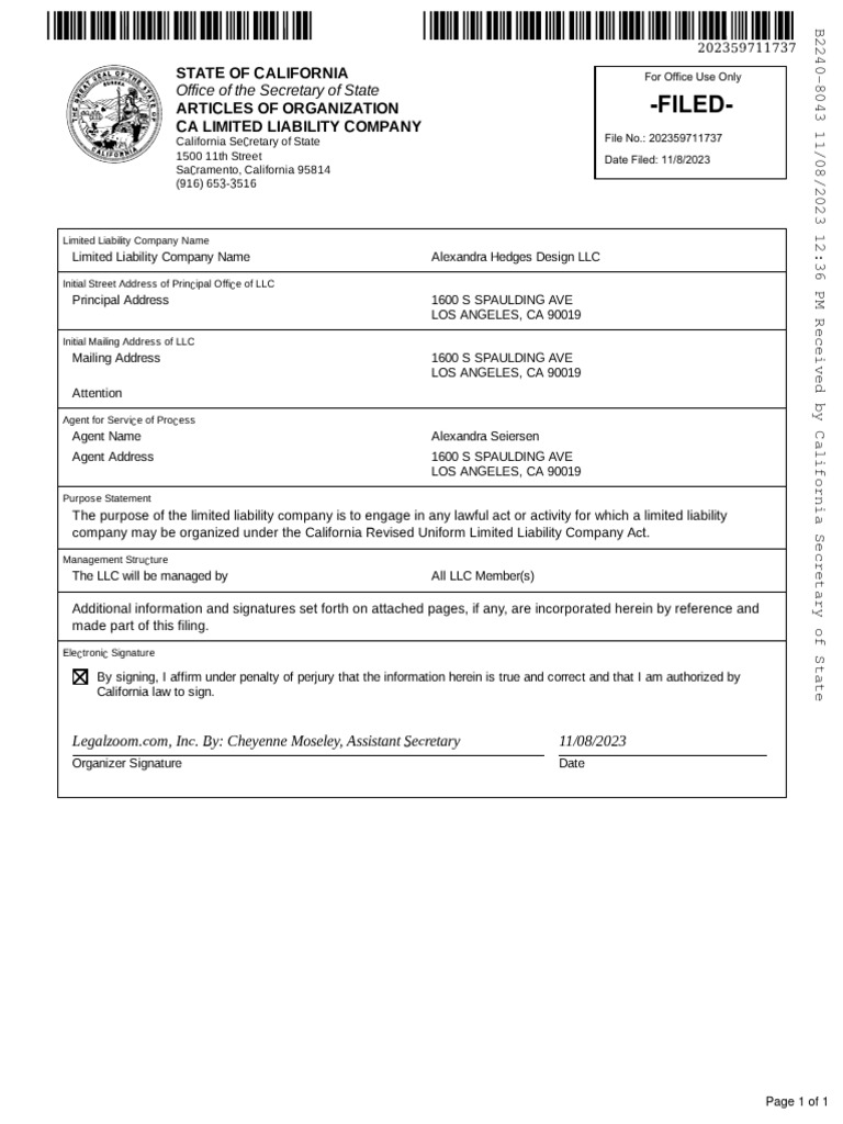 Filed : State of California Articles of Organization Ca Limited Filed : State of California Articles of Organization Ca Limited