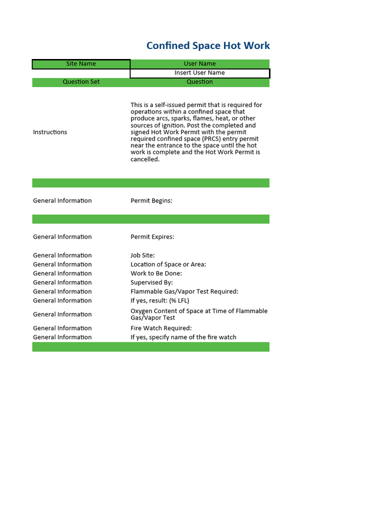 Confined Space Hot Work Permit Checklist | PDF | Fires | Safety