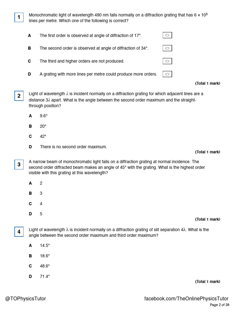 Diffraction Grating Analysis and Calculations | PDF | Diffraction ...