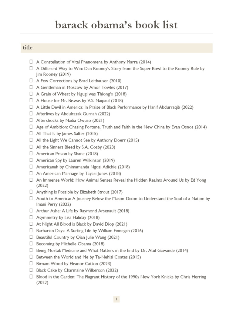 Barack Obama Book List PDF Writers American Literature
