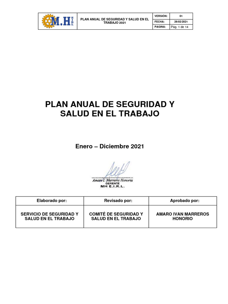 Plan Anual de Seguridad y Salud 2021 | PDF | Seguridad y salud ...