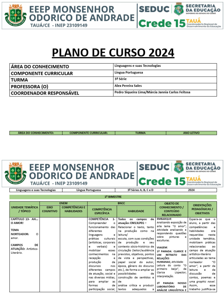 PLANO DE CURSO 2024 Língua Portuguesa Ensino Médio | PDF