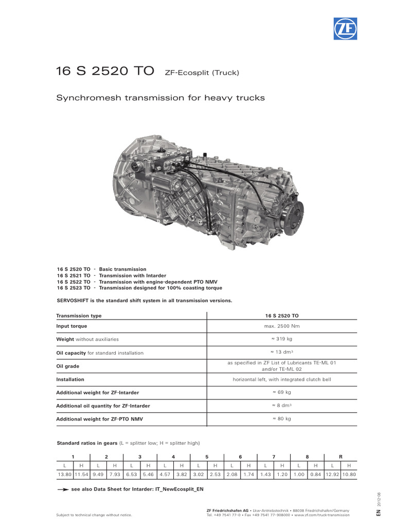 Synchromesh Transmission For Heavy Trucks: ZF-Ecosplit (Truck) | PDF
