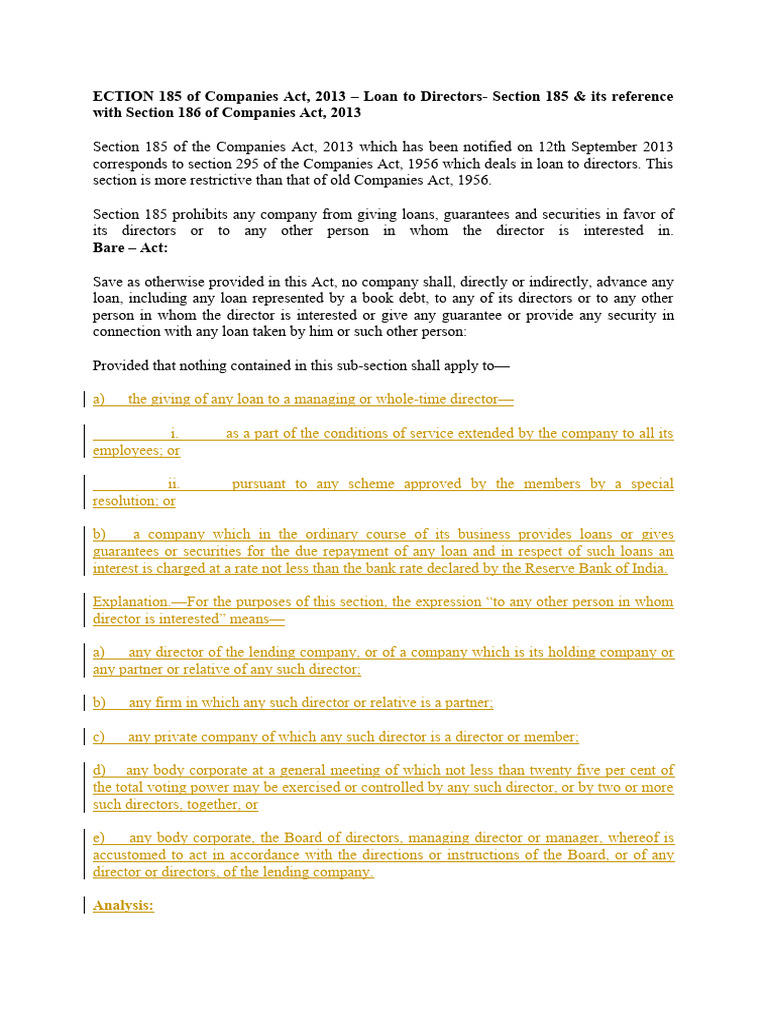 Section 185: Loans to Directors Explained | PDF | Loans | Guarantee