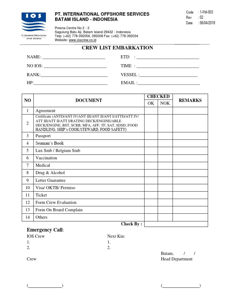 Crew Embarkation Form | PDF