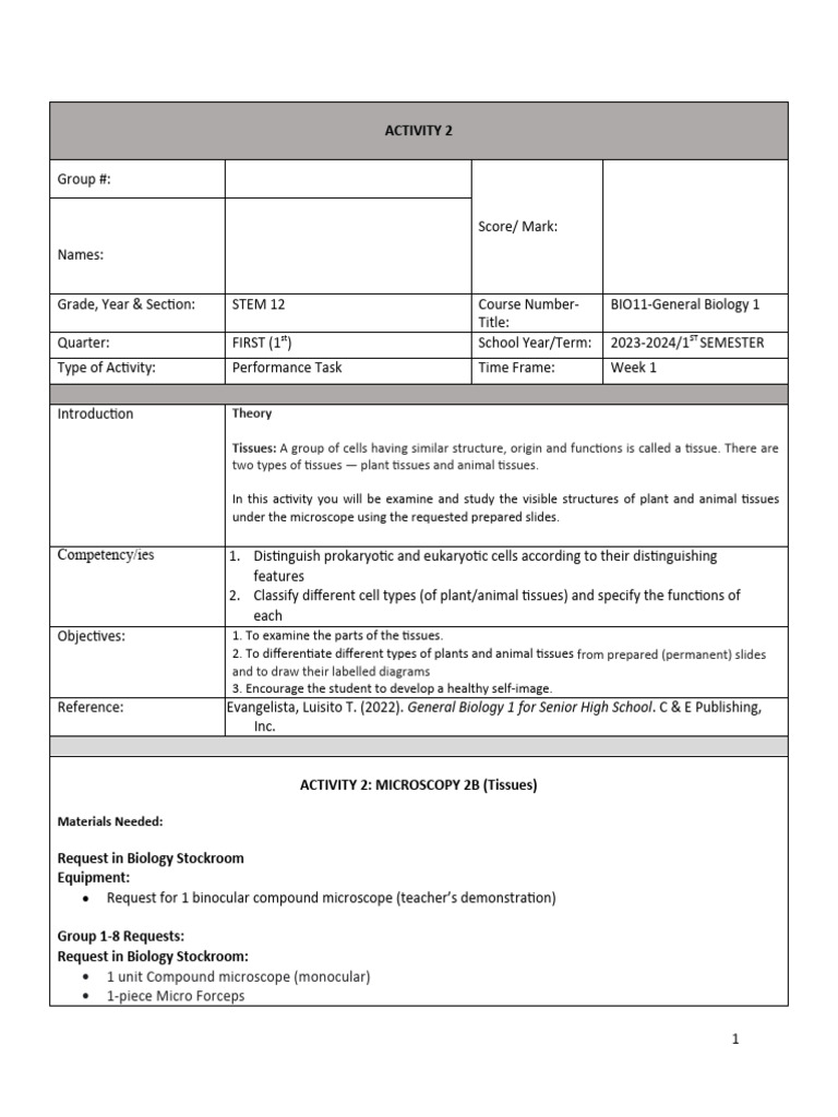 ACTIVITY 3 Microscopy 2B Tissues | PDF | Tissue (Biology) | Human Body