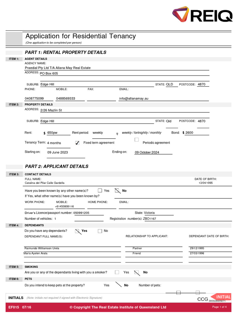 Residential Tenancy Application Form | PDF | Identity Document | Lease
