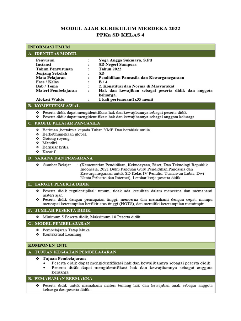 Modul Ajar PPKn Kelas 4 Kurikulum Merdeka | PDF | Karier & Perkembangan