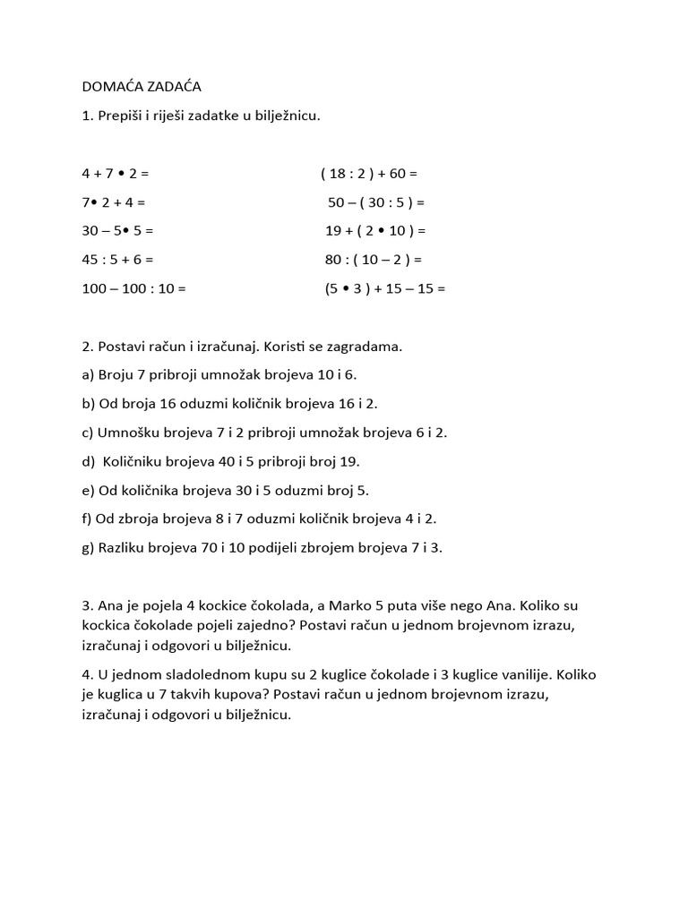DOMAĆA ZADAĆA, Redoslijed Izvođenja Računskih Radnji | PDF